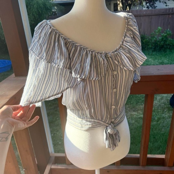 Free People FP blue white striped blouse cottagecore front tie bohemian - Picture 3 of 5